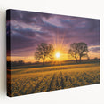 Stretched canvas artwork depicting serene green landscapes with rolling fields under a bright blue sky, ideal for home decor or office ambiance.