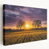 Stretched canvas artwork depicting serene green landscapes with rolling fields under a bright blue sky, ideal for home decor or office ambiance.
