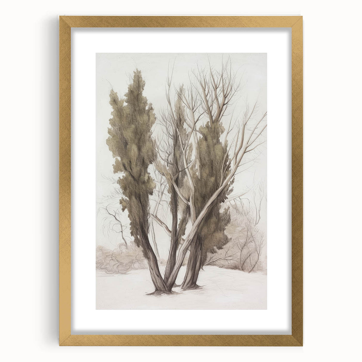 Elegant gold-framed landscape artwork with a mat, showcasing serene nature scenery, ideal for enhancing home decor and interior design aesthetics.