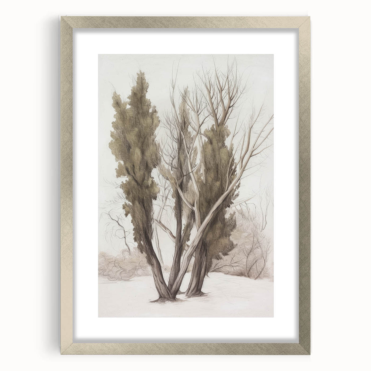 Silver-framed landscape artwork featuring a modern design with a mat, displayed from a front view, ideal for enhancing home decor aesthetics. Perfect for nature lovers and art enthusiasts.