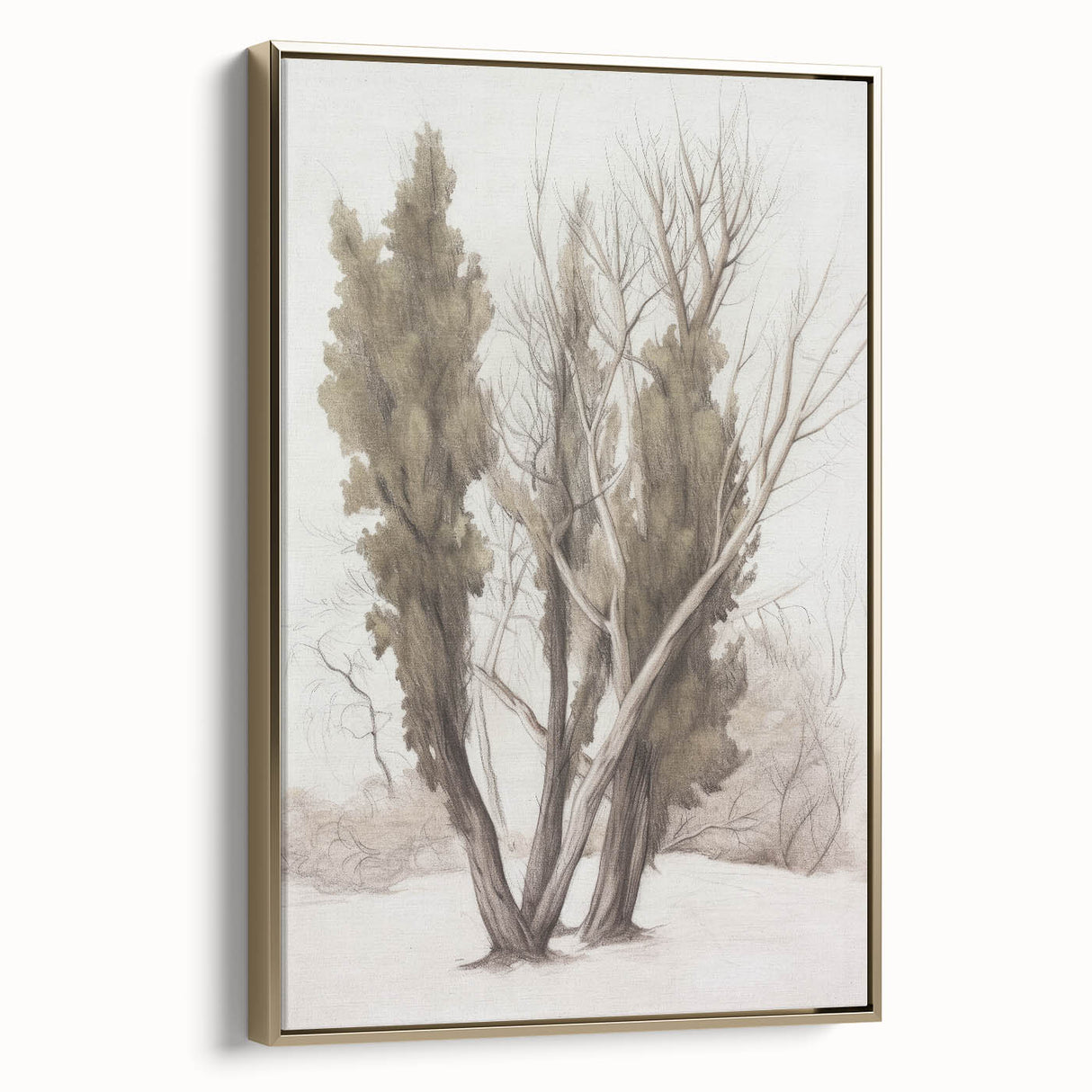 Framed canvas artwork showcasing a stunning landscape scene with gold accents, viewed from the side, perfect for enhancing modern home decor and adding a touch of elegance.