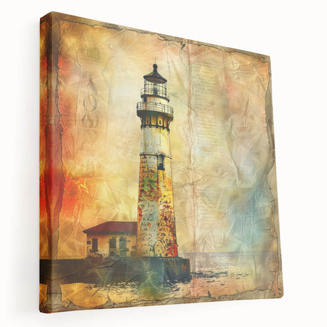 Stretched canvas wall art depicting a serene lighthouse landscape against a colorful sunset sky, perfect for coastal-themed decor or nautical-inspired interiors.