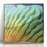 Mid-century modernist art, close-up floral design in muted colors on a framed acrylic, suitable for nursery wall art.