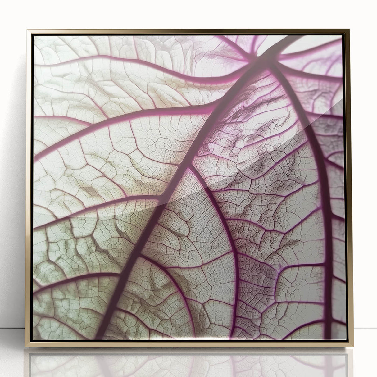 Mid-century modernist style large art print featuring close-up of leaves in gold tones, acrylic framed.