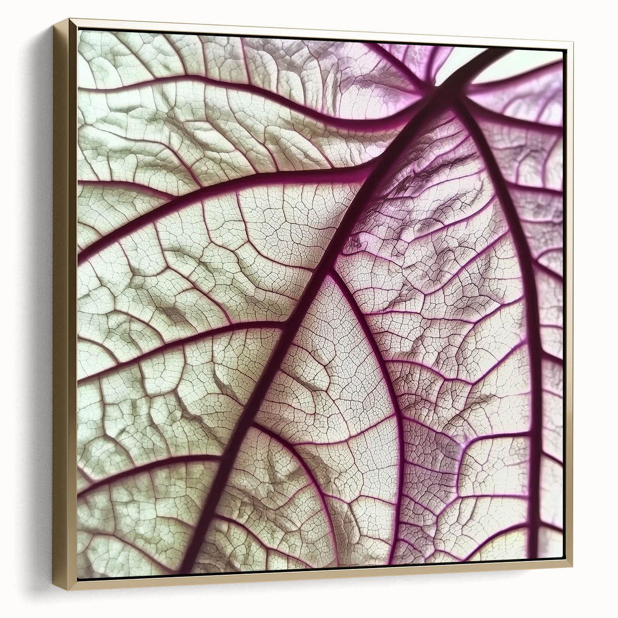 Framed canvas featuring close-up of leaves in silver and gold tones, ideal for bedroom wall art.
