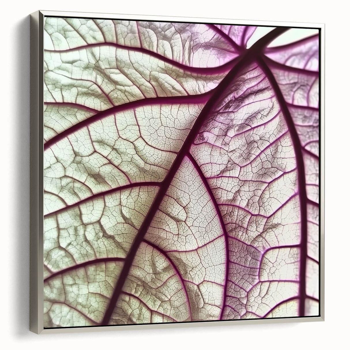 Framed canvas featuring a close-up of green leaves, set against a silver frame, ideal for enhancing a living room or study.