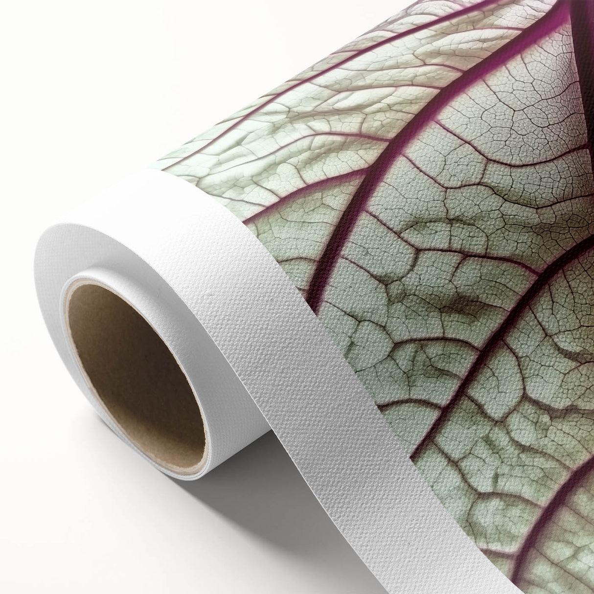 Art deco poster depicting close-ups of green leaves on a rolled canvas.