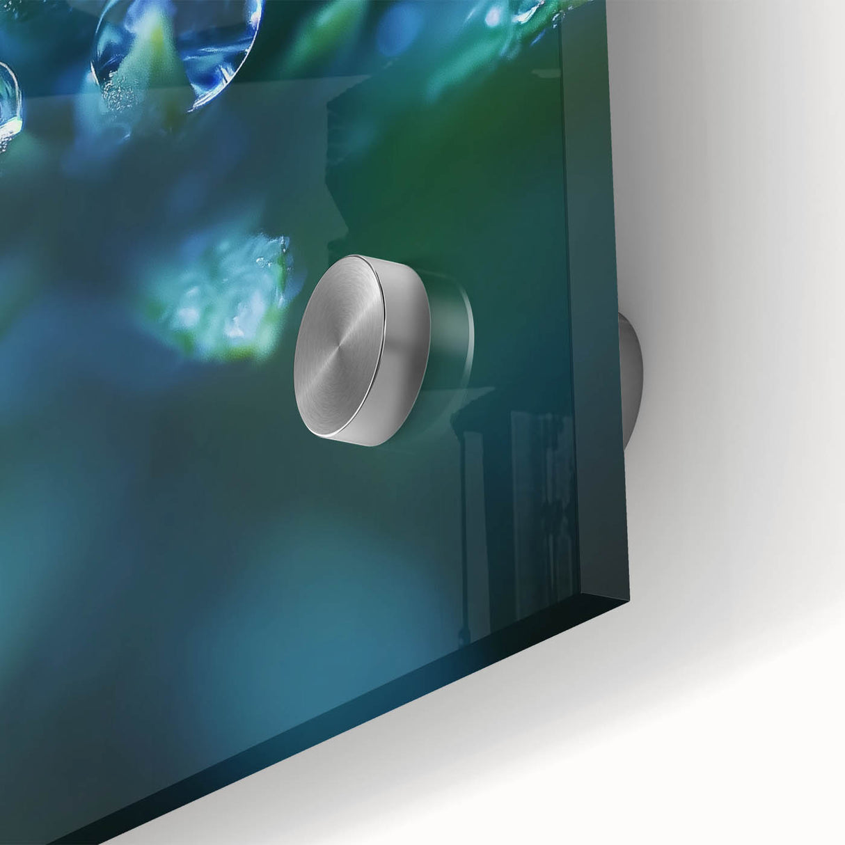 Close-up water droplet image in gray and blue hues on acrylic glass, suitable as mid-century modernist dining room art.