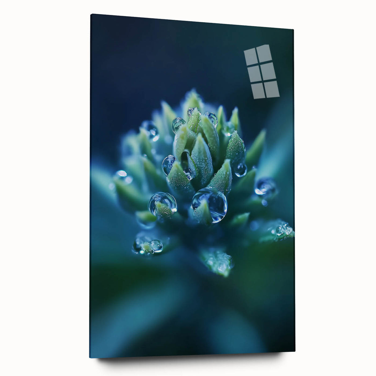Large abstract wall art depicting close-up water ripples in shades of blue and gray on acrylic glass.
