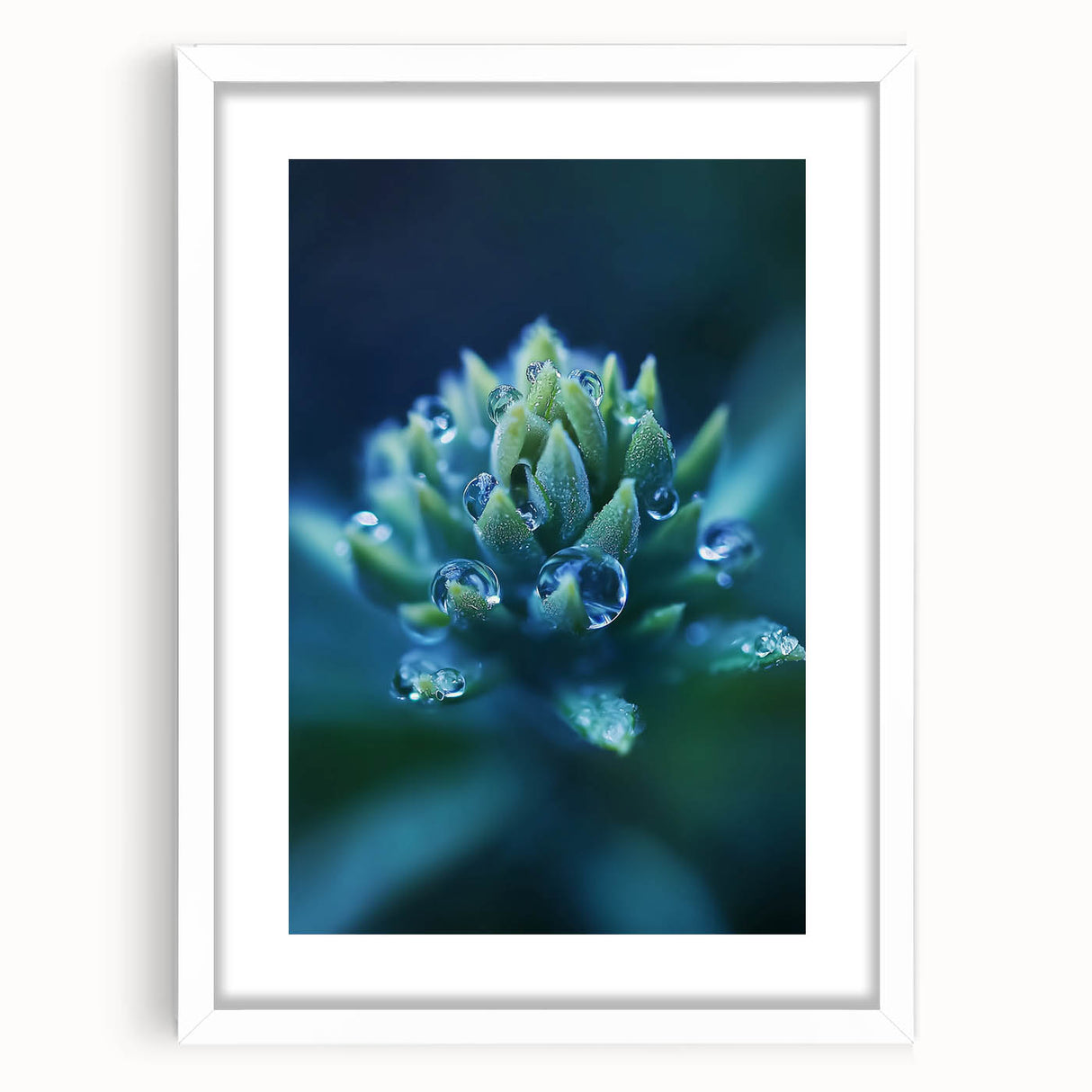 Abstract art print depicting close-up water ripples in muted blue shades, framed in white, suitable for dining room decor.
