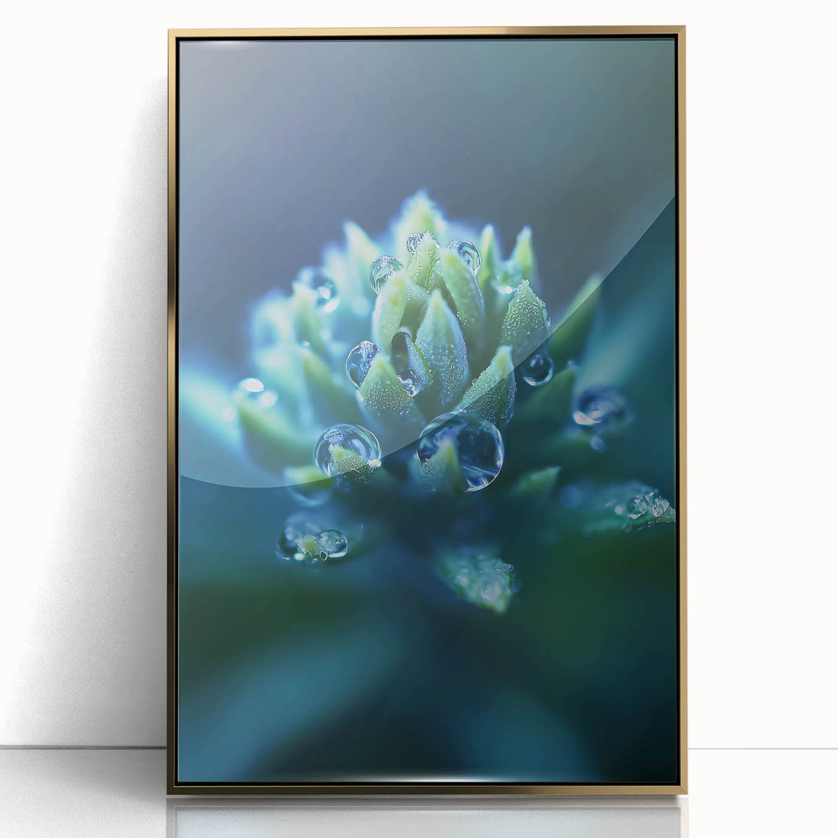 Close-up water image in gold frame, acrylic print, mid-century modernist style, suitable for modern nursery wall art.