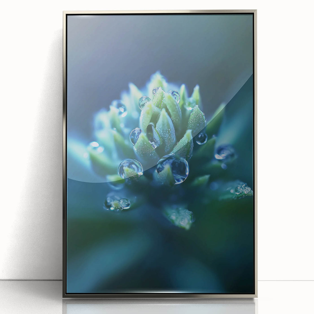 Mid-century modernist art depicting close-up water droplets, in muted blue and silver hues on a framed acrylic print.