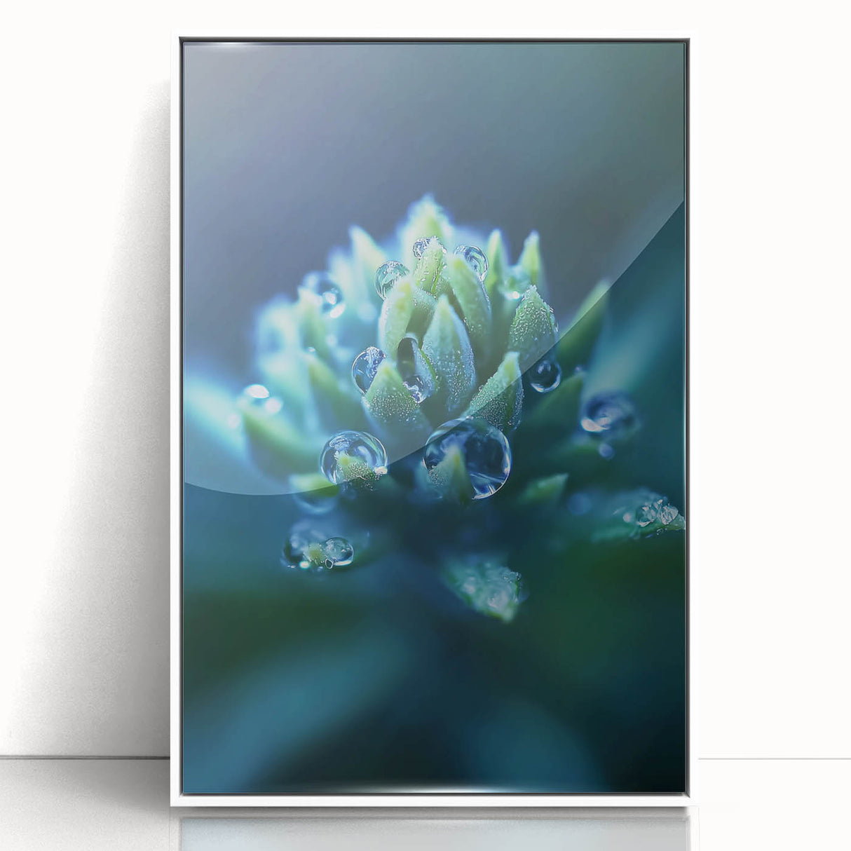 Close-up water droplets image in art deco style on a white acrylic frame, ideal for modern nursery wall art.