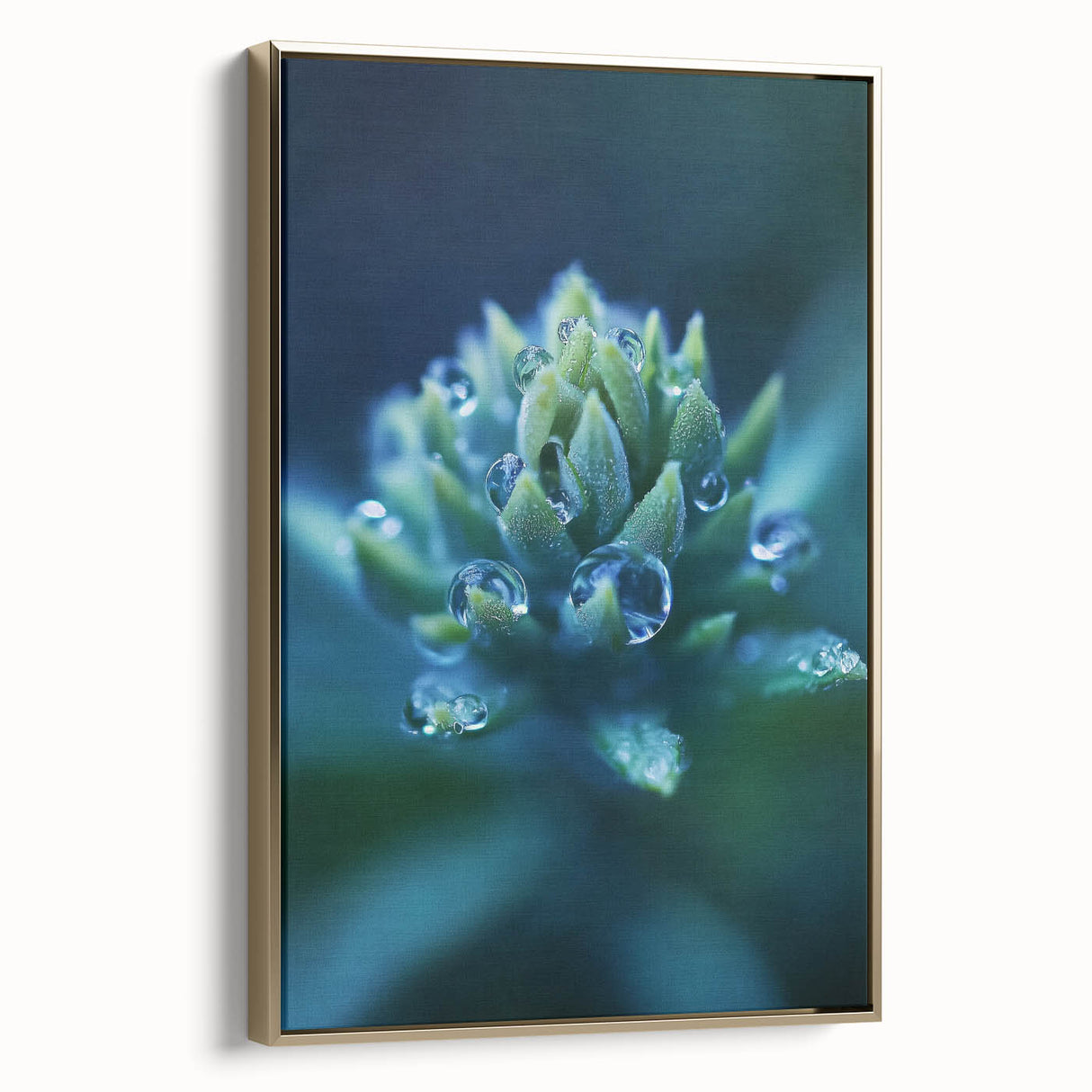 Framed canvas depicting a close-up water landscape in black and gold tones, ideal for bedroom wall art.