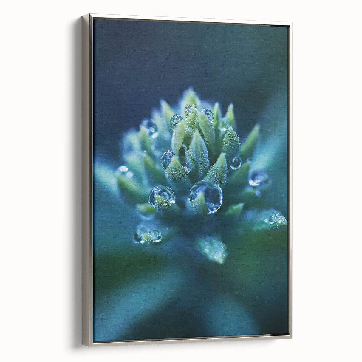 Silver-framed canvas featuring a close-up water landscape in vibrant colors, ideal for enhancing black wall décor.