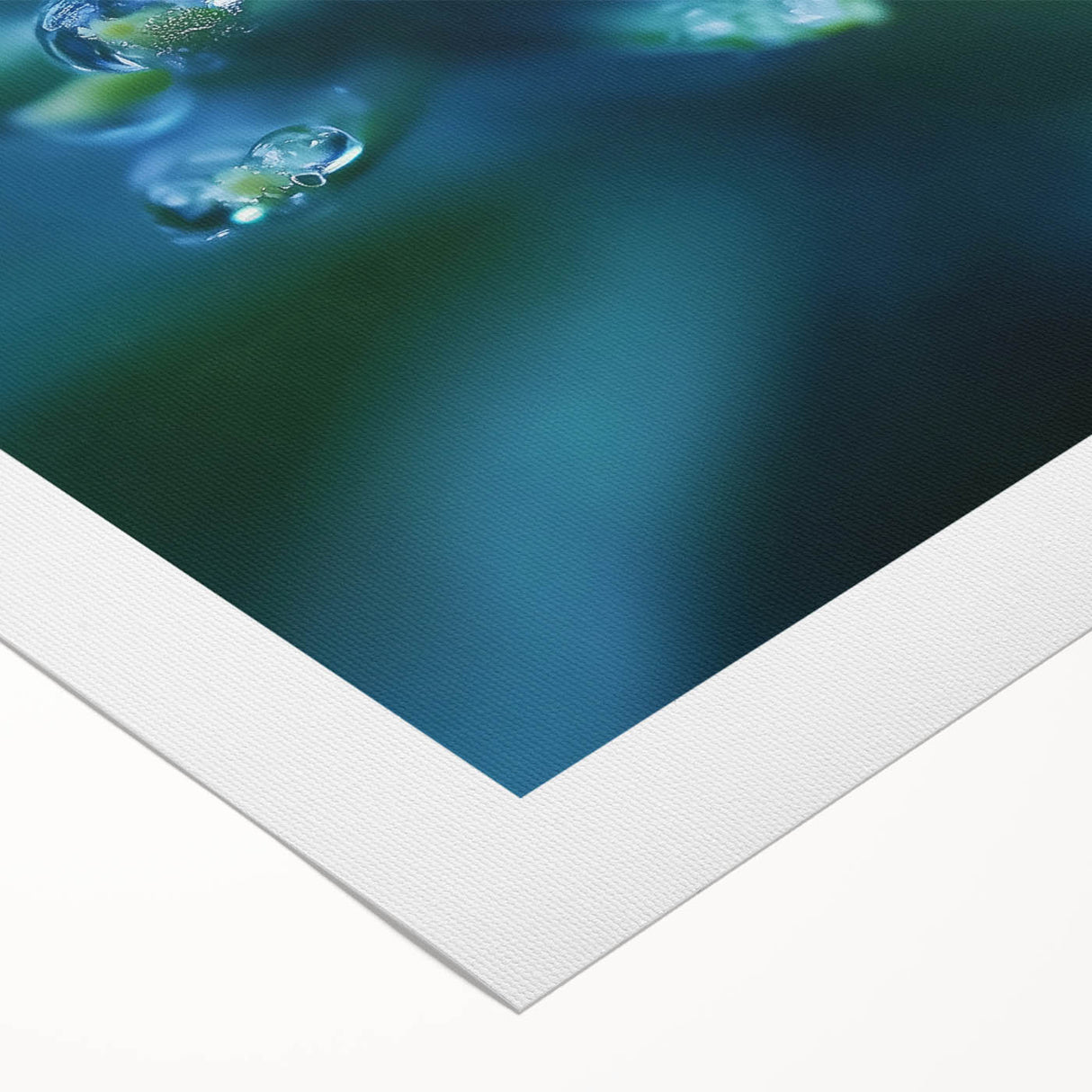Art deco poster of close-up water imagery in muted blue tones, printed on rolled canvas, ideal for dining room wall art.