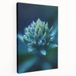 Close-up water droplet image on a stretched canvas, showcasing cool blue tones, ideal for kitchen wall art.