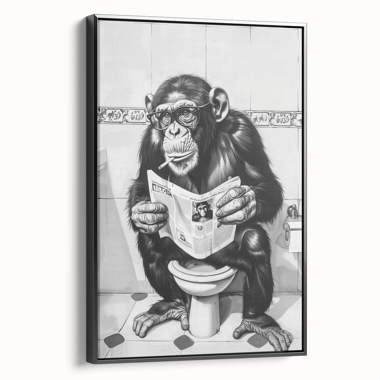 Bathroom Artwork - Humorous Chimp Reading Newspaper Modern Decor