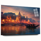 Large abstract wall art of an Indian scenery in vibrant earth tones on acrylic glass, ideal for bedroom or dining room decor.