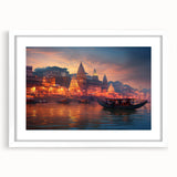 Abstract art print of an Indian landscape in muted earth tones on a framed white mat, ideal for dining room decor.