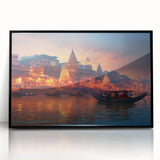 Large abstract wall art depicting a stylized Indian landscape in vibrant orange and red tones, framed in black acrylic.