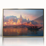 Mid-century modernist acrylic print of an Indian landscape in gold tones, suited for modern art wall decor.