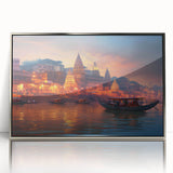 Mid-century modernist art depicting an Asian Indian scenery in muted earth tones, framed acrylic.