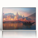 Art deco poster depicting a serene Indian landscape in muted earth tones on framed acrylic.