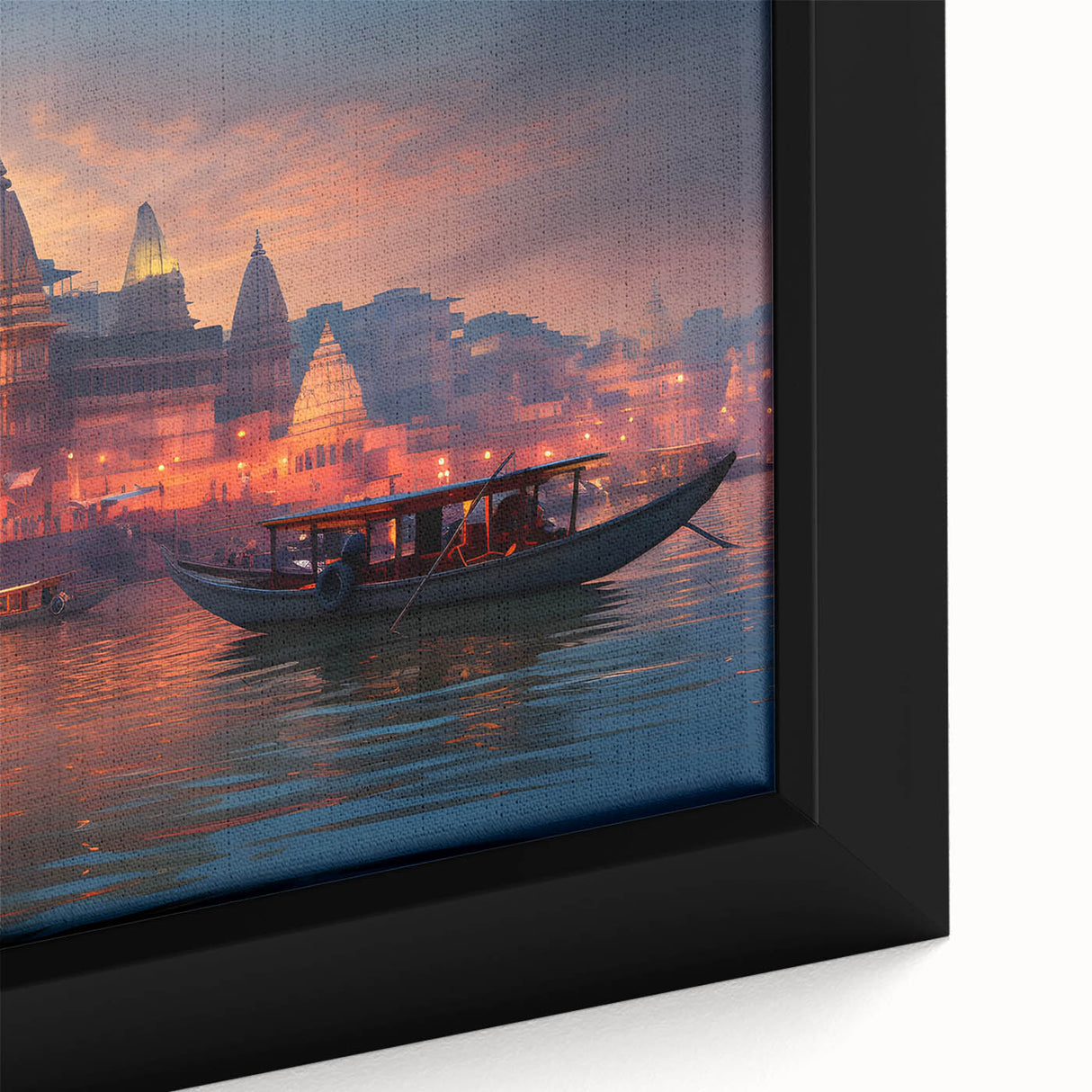 Extra large framed canvas featuring a textured depiction of an Indian scenery in black with colorful art accents.