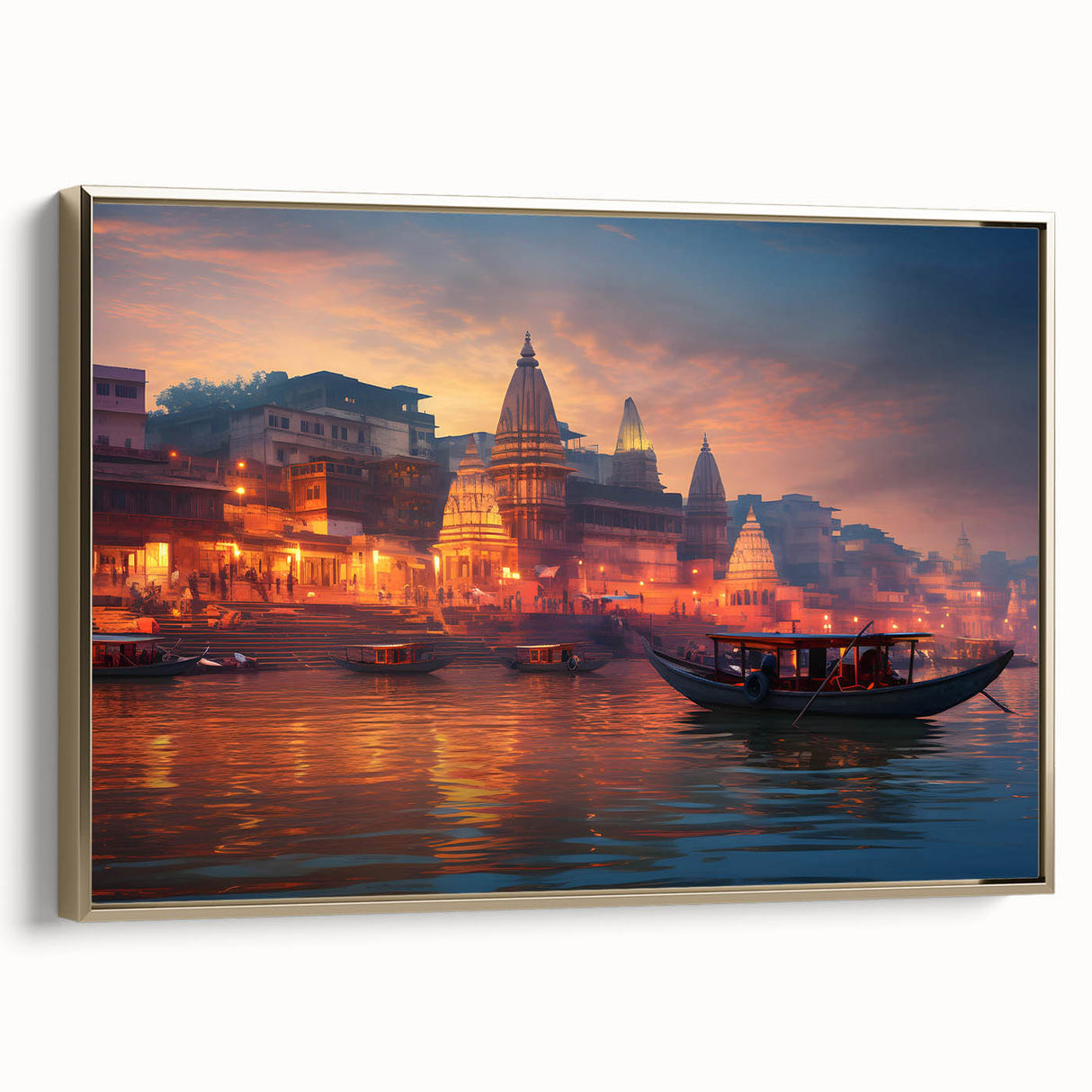Framed canvas featuring a vintage-style landscape painting of an Indian scenery in gold and black tones.