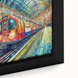 Close-up of a black canvas featuring a textured, colorful London skyline, ideal for living room decor.