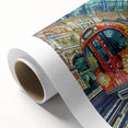 Art Deco poster of London scenery on rolled canvas, with muted earth tones, ideal for nursery wall art or dining room.