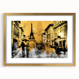 Abstract art print of Paris scenery in muted gray and gold tones on a framed canvas, ideal for dining room decor.