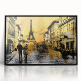 Large abstract wall art of Paris scenery in muted gray, framed in black acrylic, ideal for modern living room decor.