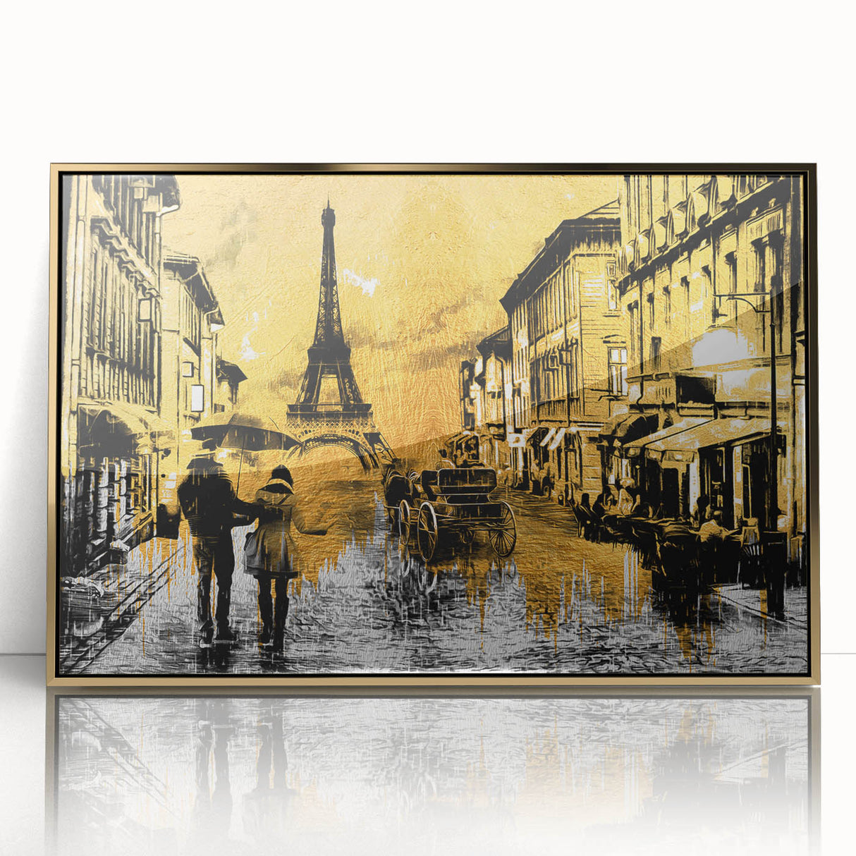 Art deco poster of Paris scenery with muted gold and blue tones on acrylic framed material.