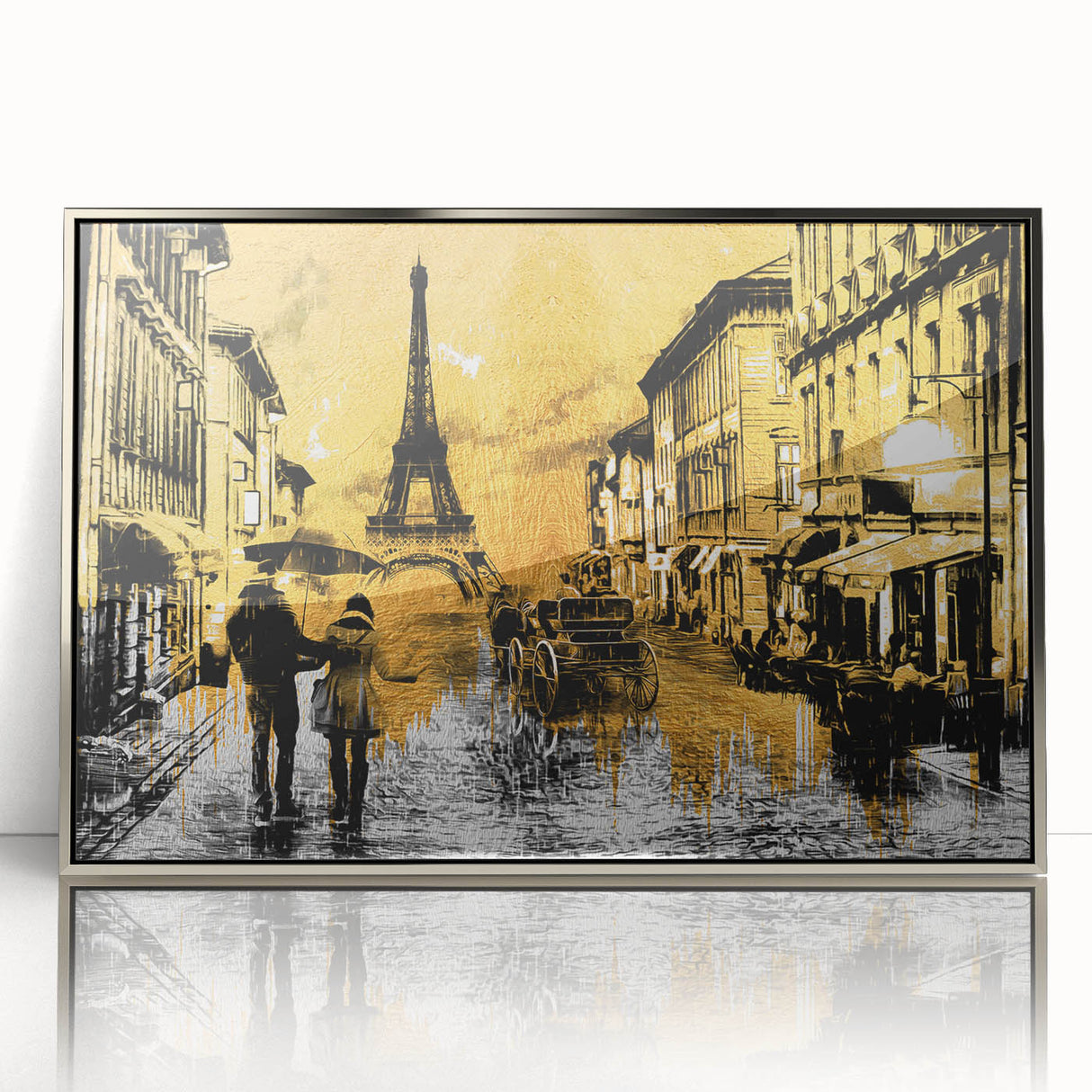 Large art print of Paris scenery in silver framed acrylic, featuring mid-century modernist style.