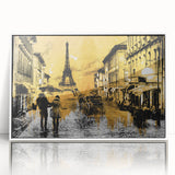 Mid-century modernist art of Paris scenery in muted blue and white tones on a framed acrylic.
