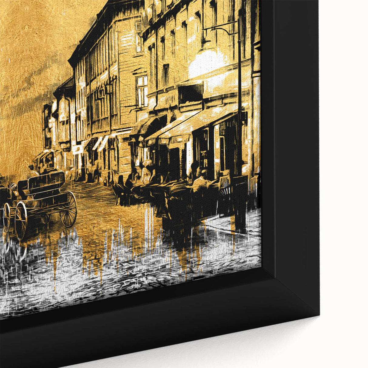 Extra large framed canvas of a textured Paris street scene in black with colorful accents, ideal for living room decor.