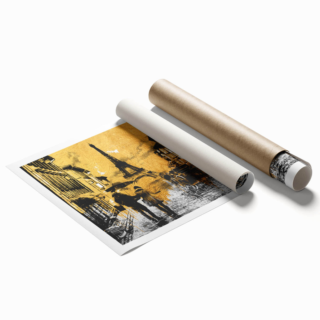 Rolled print of Paris scenery with floral accents in pastel hues, ideal for classy bathroom wall art.