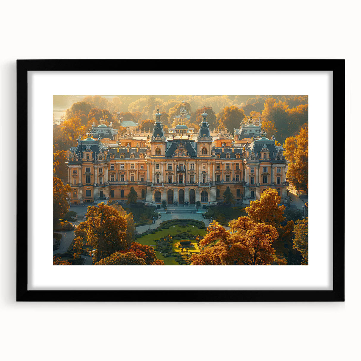 Extra large abstract art print featuring colorful, textured scenery of Latvia, framed in black, ideal for living room decor.