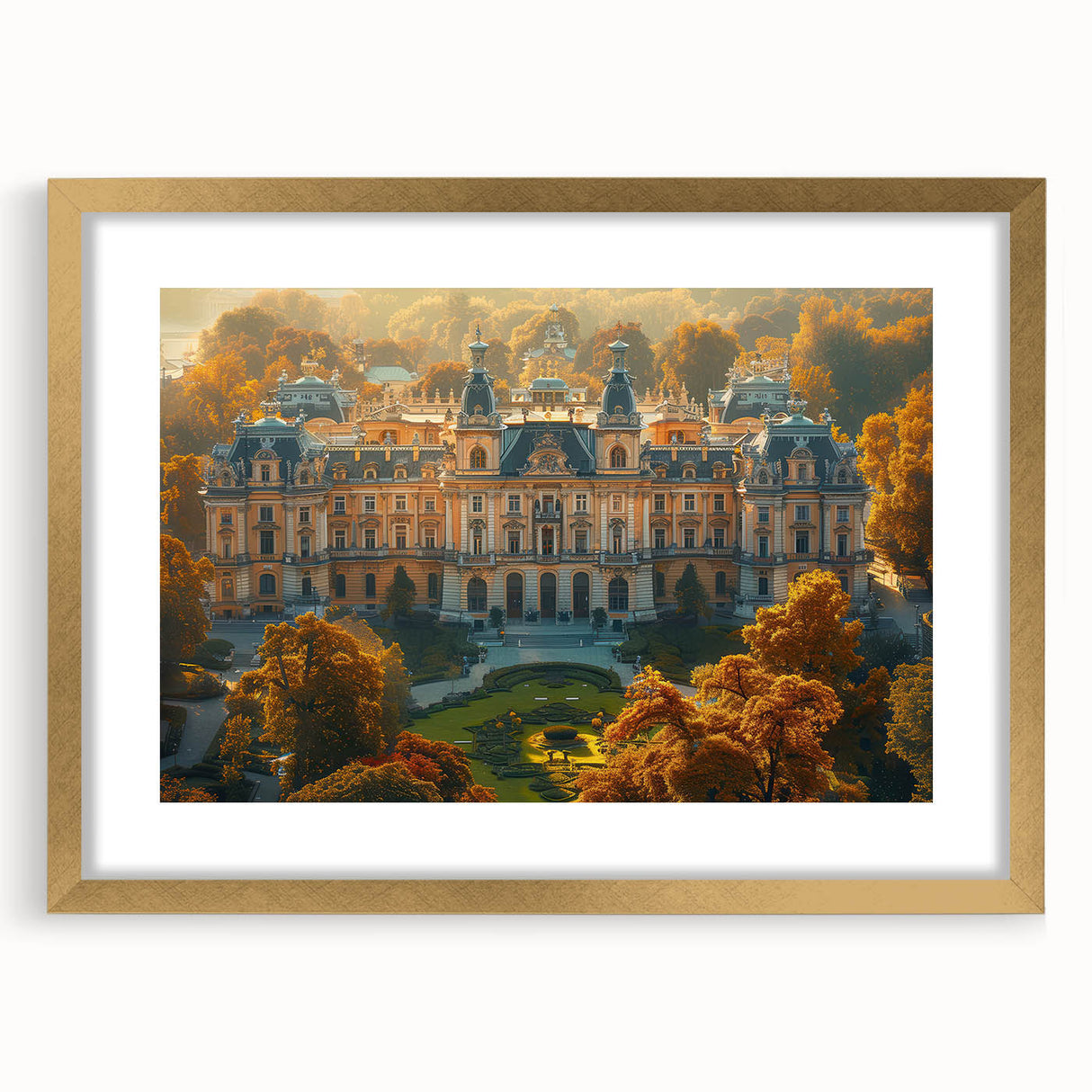 Abstract art print of a European landscape in muted earth tones on a framed canvas, suitable for dining room decor.