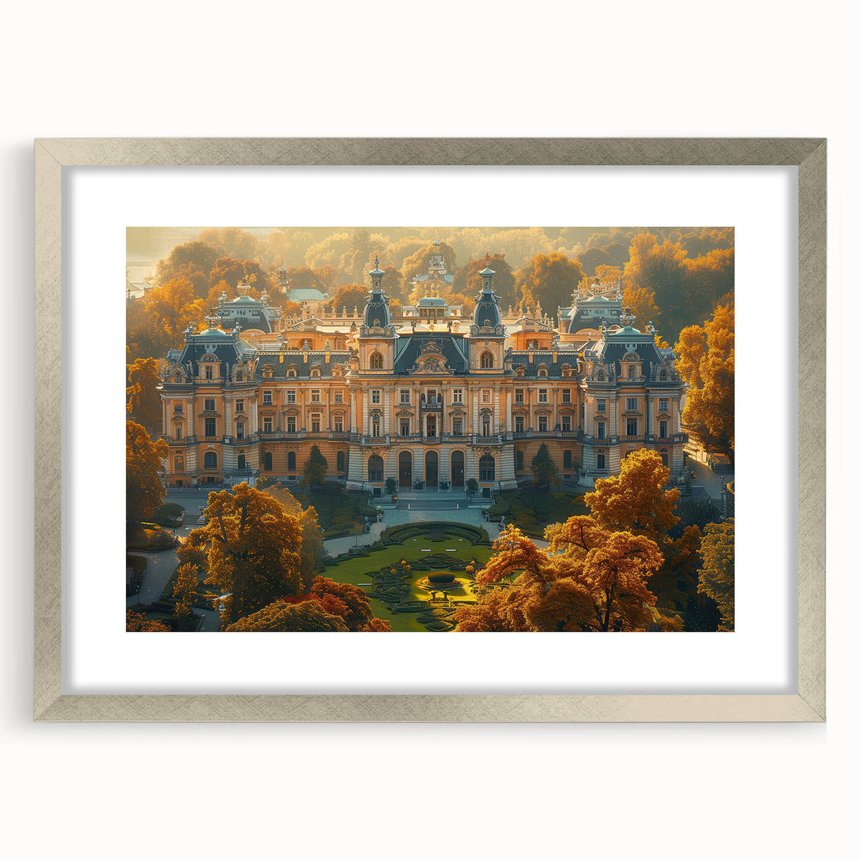 Extra large abstract art print featuring textured scenery of a European landscape in muted earth tones, framed in silver.