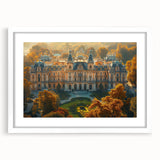 Textured abstract art print of a European landscape in muted earth tones, framed with a white mat.