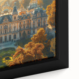 Extra large framed canvas featuring a textured depiction of a European scenery in black with colorful accents.