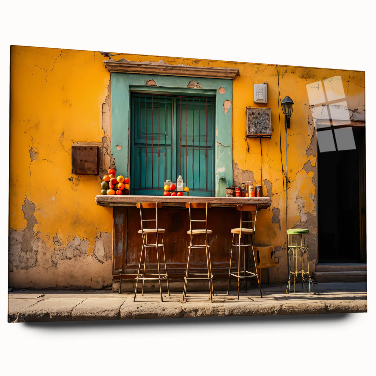 Large abstract wall art depicting Yucatan scenery in vibrant greens and blues on acrylic glass.
