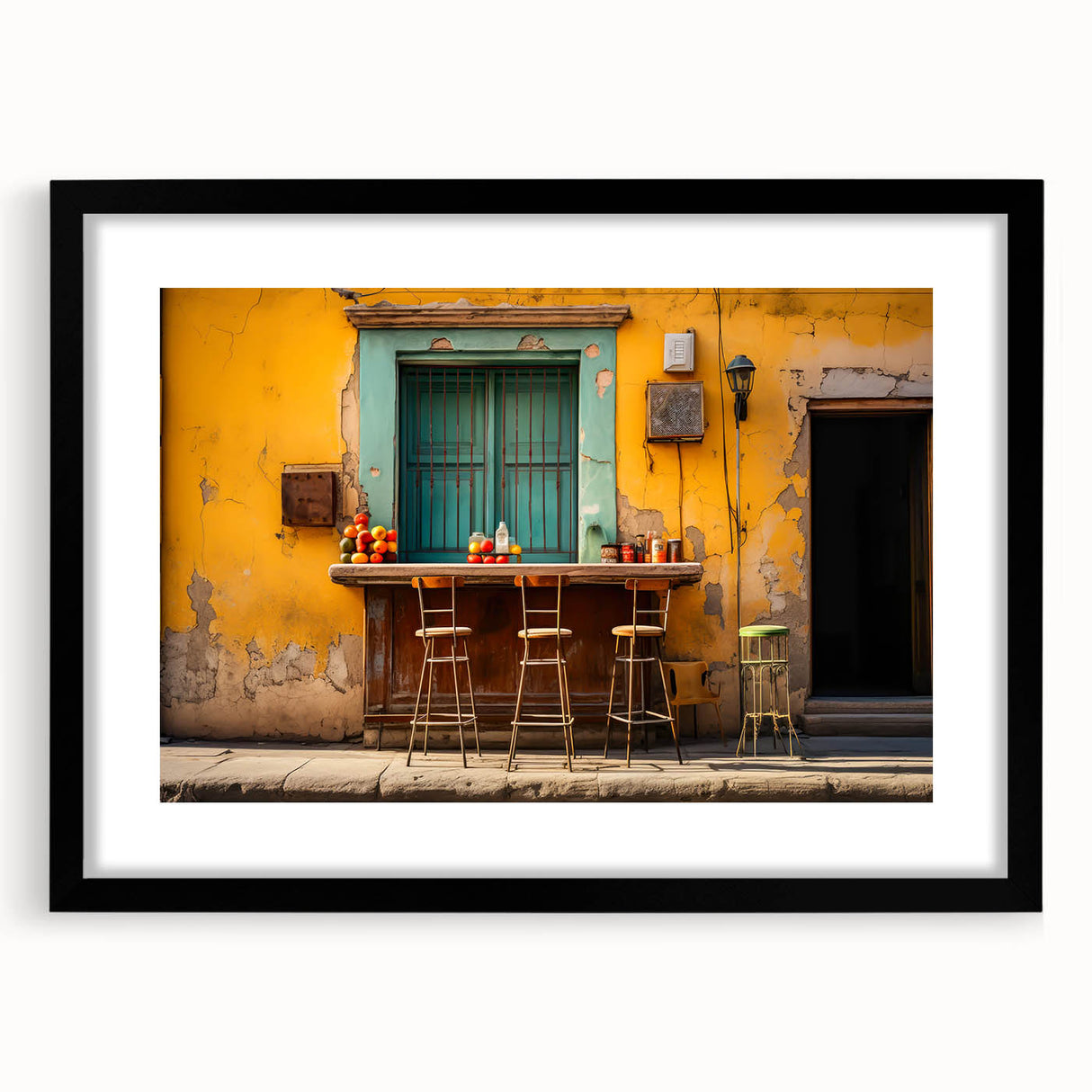Extra large framed abstract art print depicting a colorful, textured Mexican Yucatan scenery, ideal for living room decor.