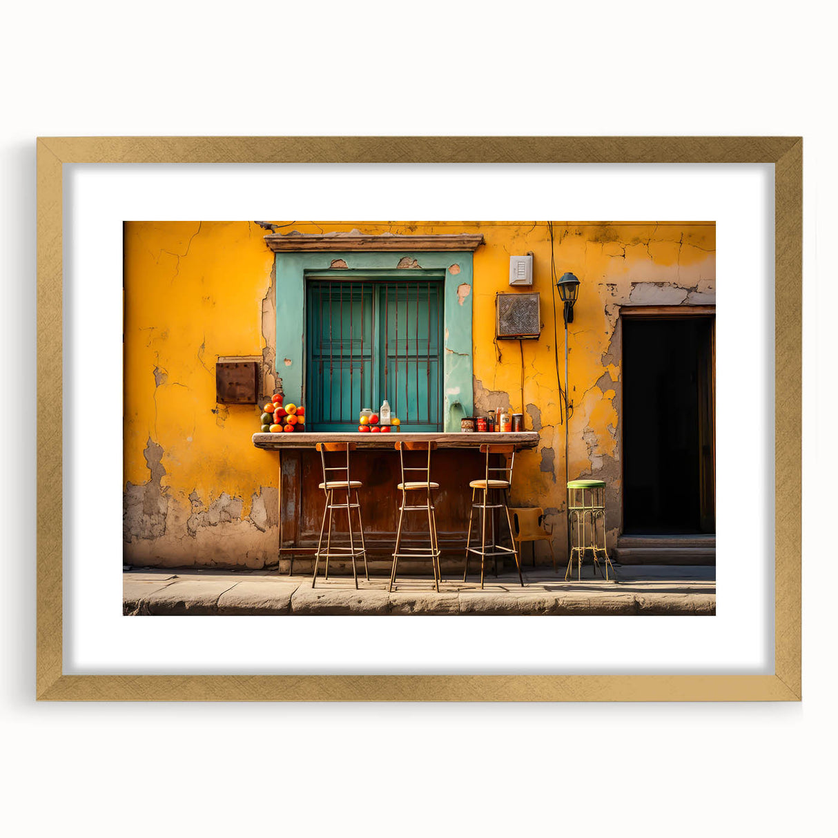 Extra large abstract art print of Yucatán scenery in muted earth tones on a textured canvas, framed in gold.