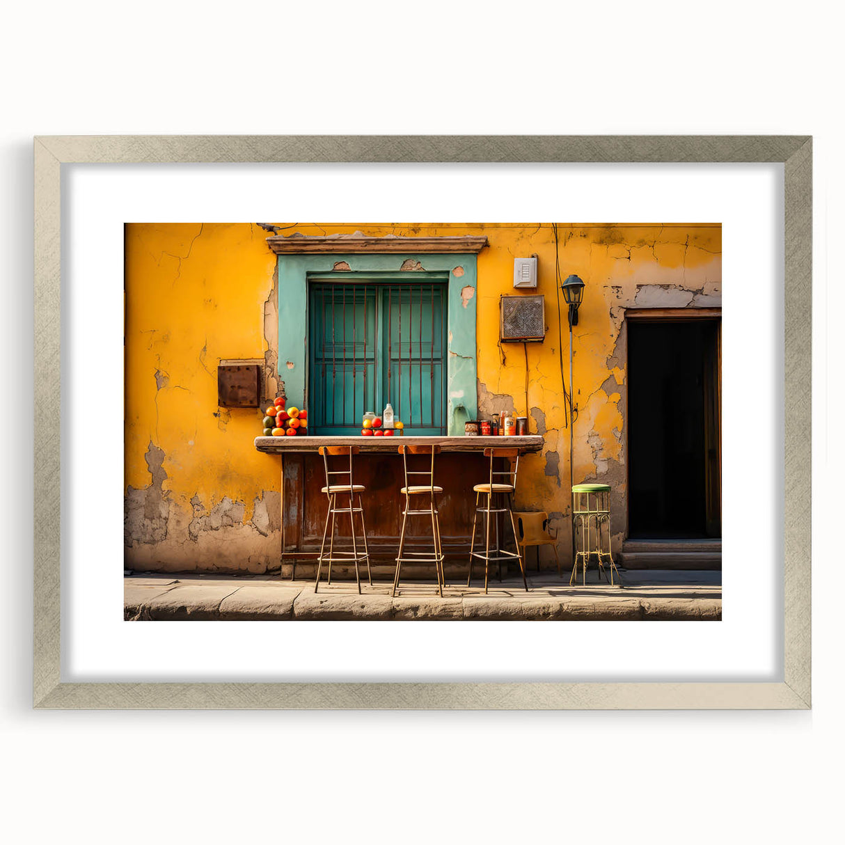 Textured abstract art print depicting a Yucatan scenery in muted earth tones on a framed silver mat.