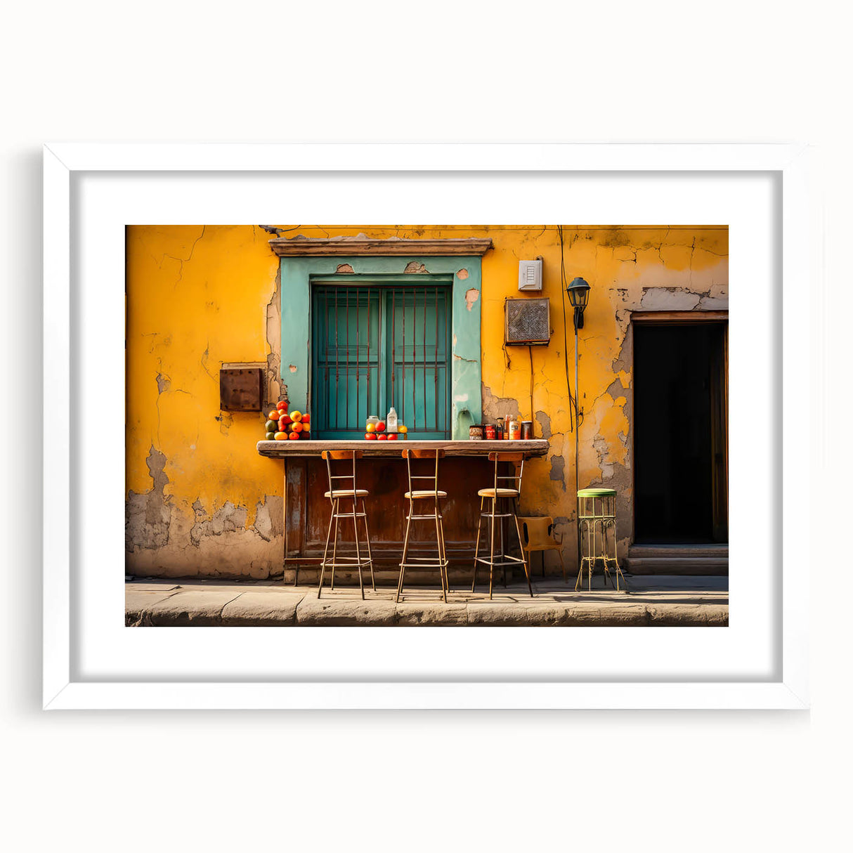 Abstract art print of Yucatán scenery in muted earth tones, framed with a white mat, suitable for dining room decor.