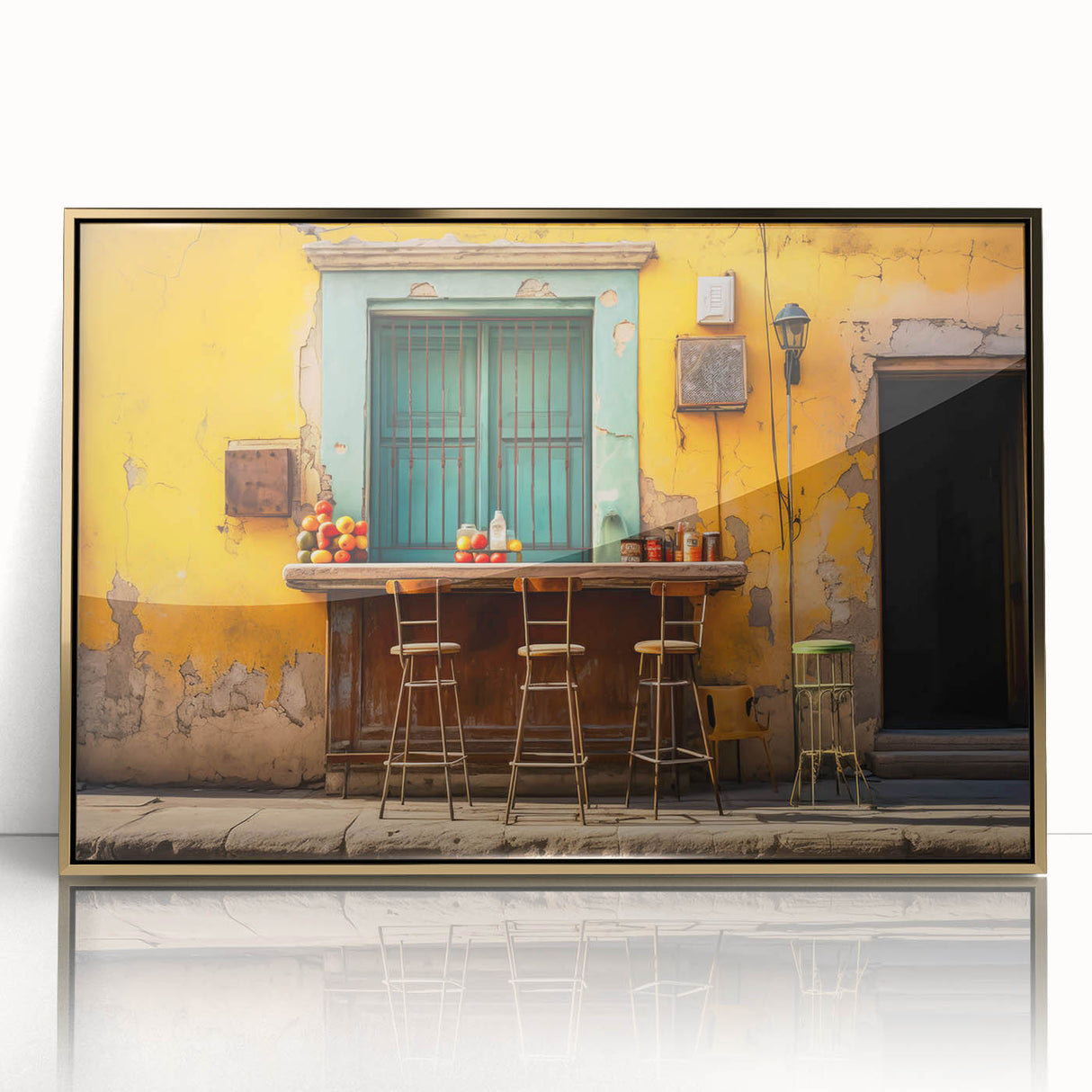 Framed acrylic print of Yucatan scenery with gold accents, ideal for modern art wall decor.